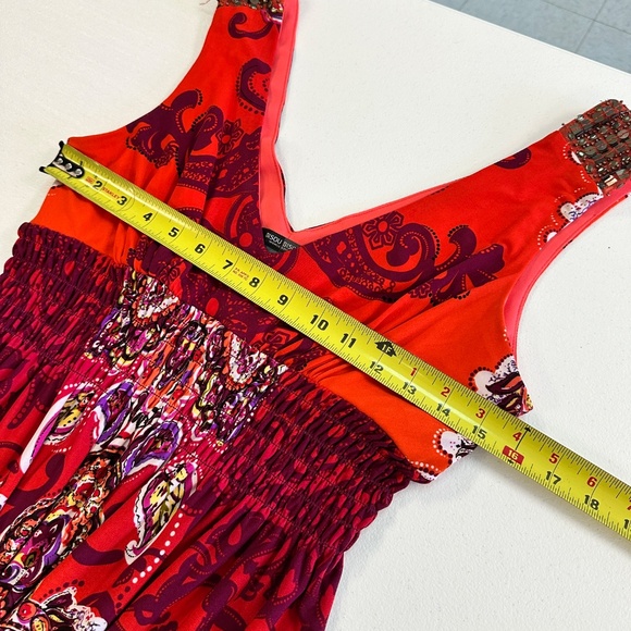 Bisou Bisou Red & Purple Maxi Dress with Shirred Waist & Embellished Sleeves 12 - Picture 5 of 9